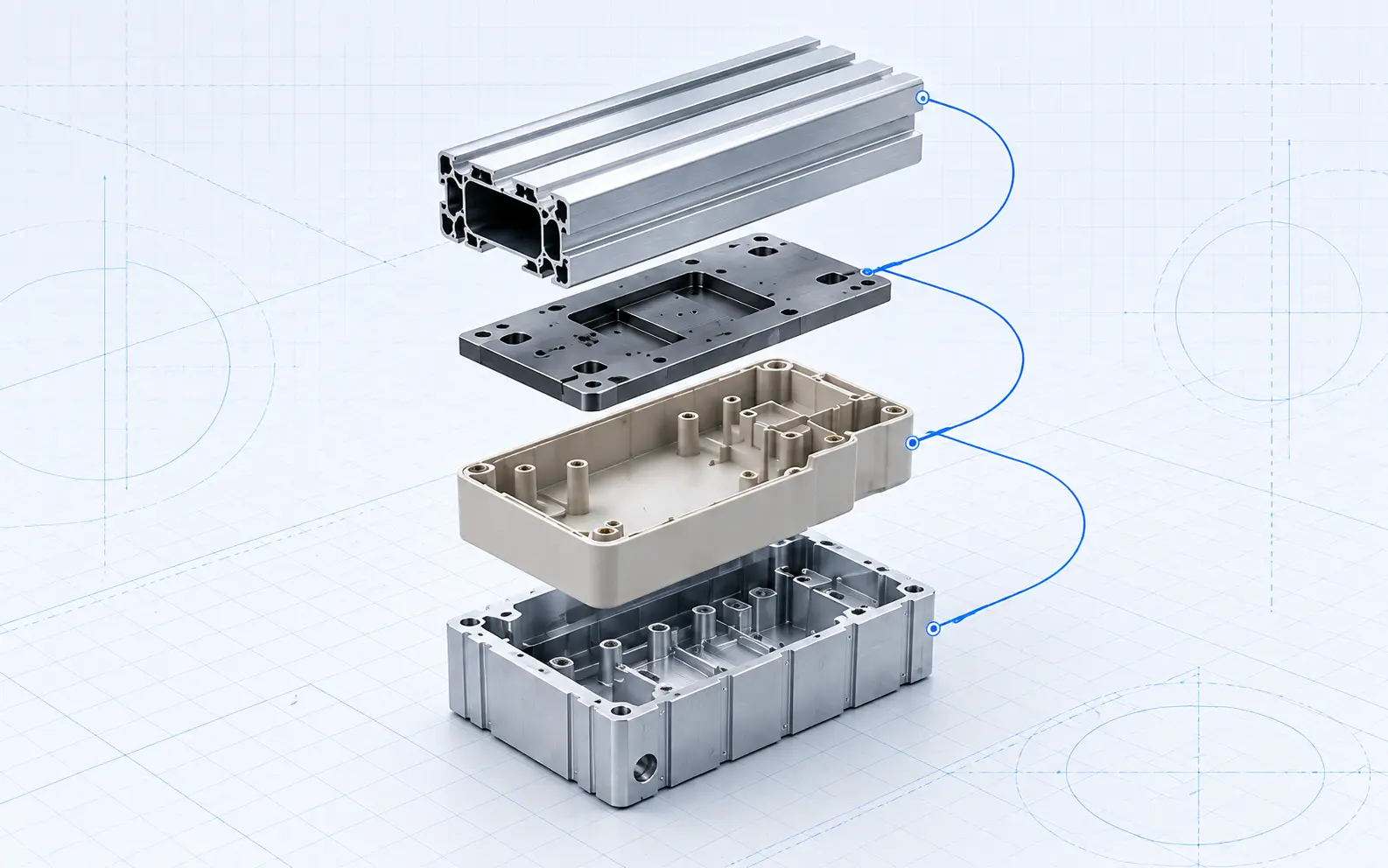 Coordinated manufacturing path illustration with layered materials and machined parts
