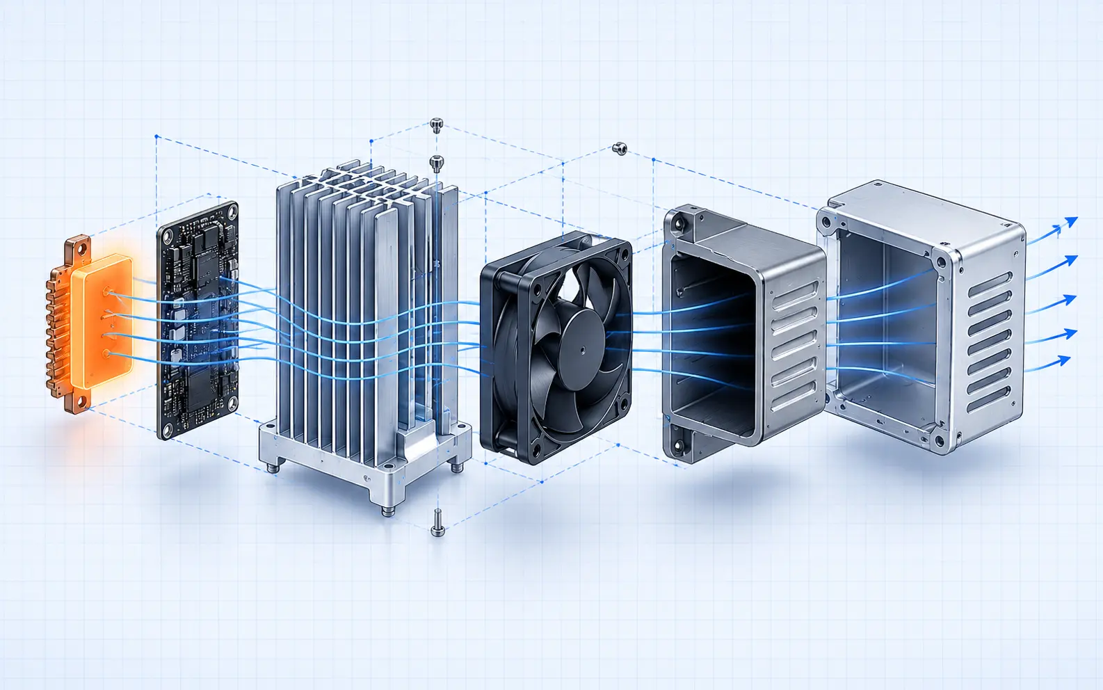 Integration illustration of a heat source, heat sink, fan, and enclosure
