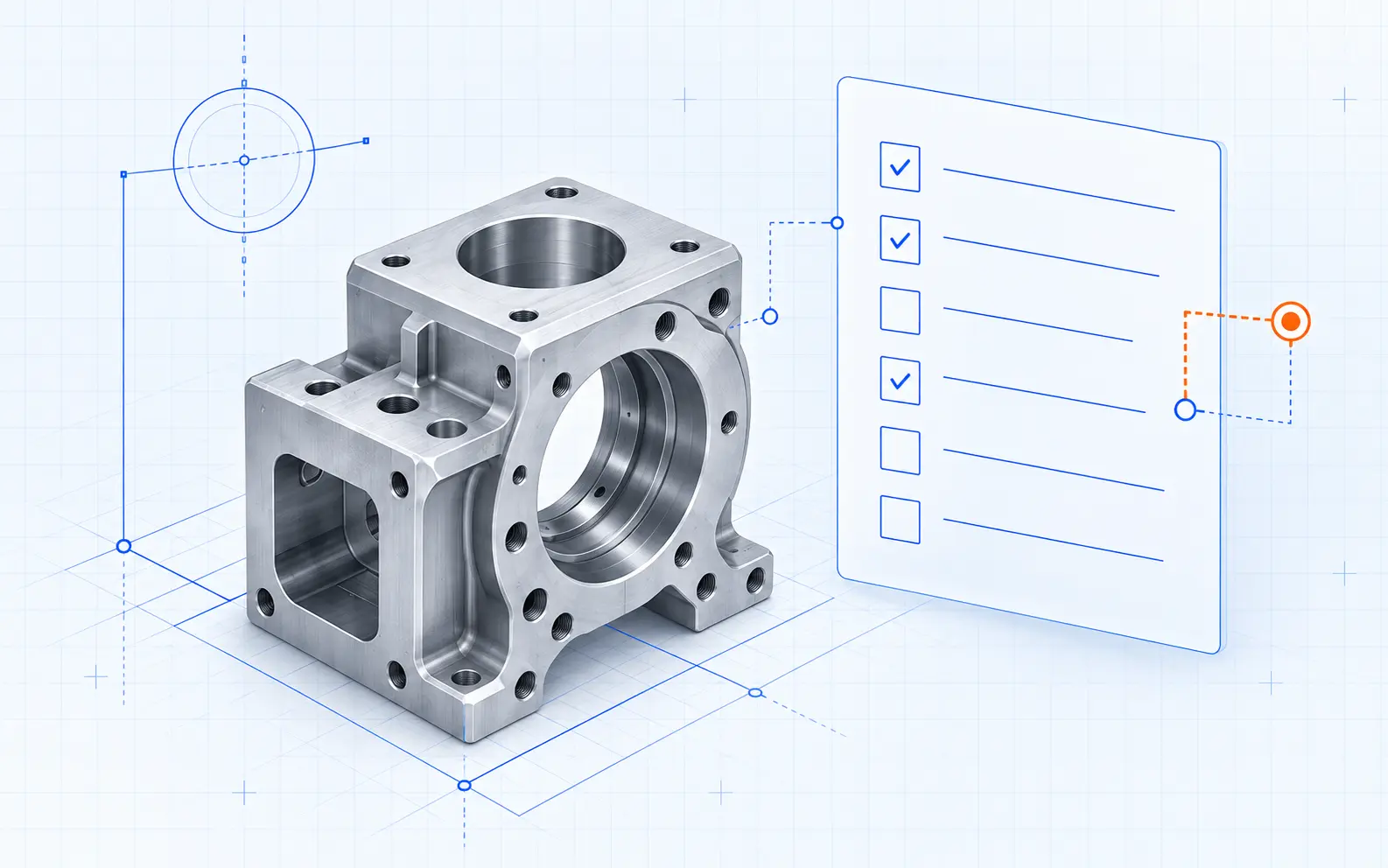 Illustration of machined parts beside an abstract quality checklist