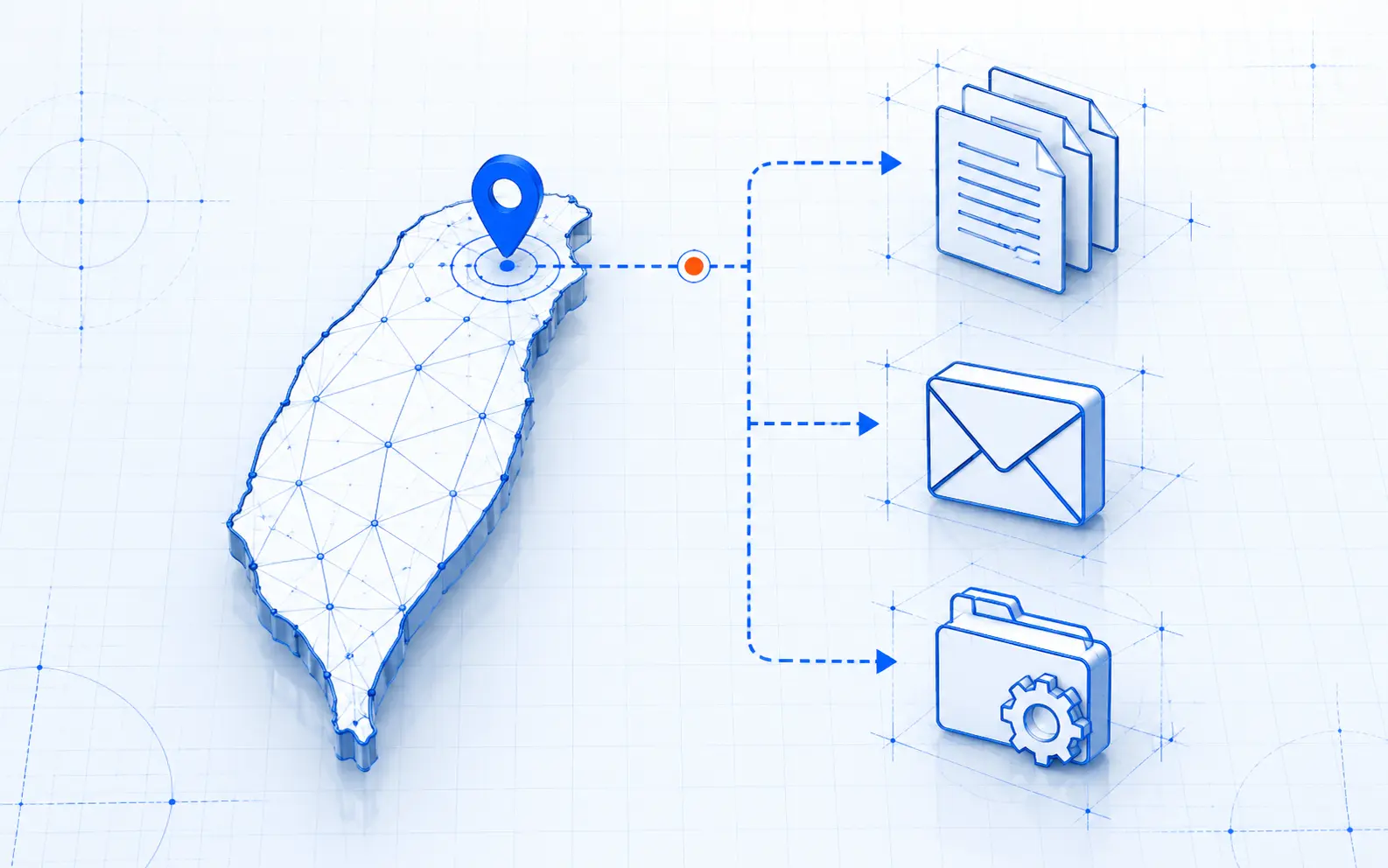Stylized Taiwan map connected by route lines to three contact icons: a document, an envelope, and a project folder